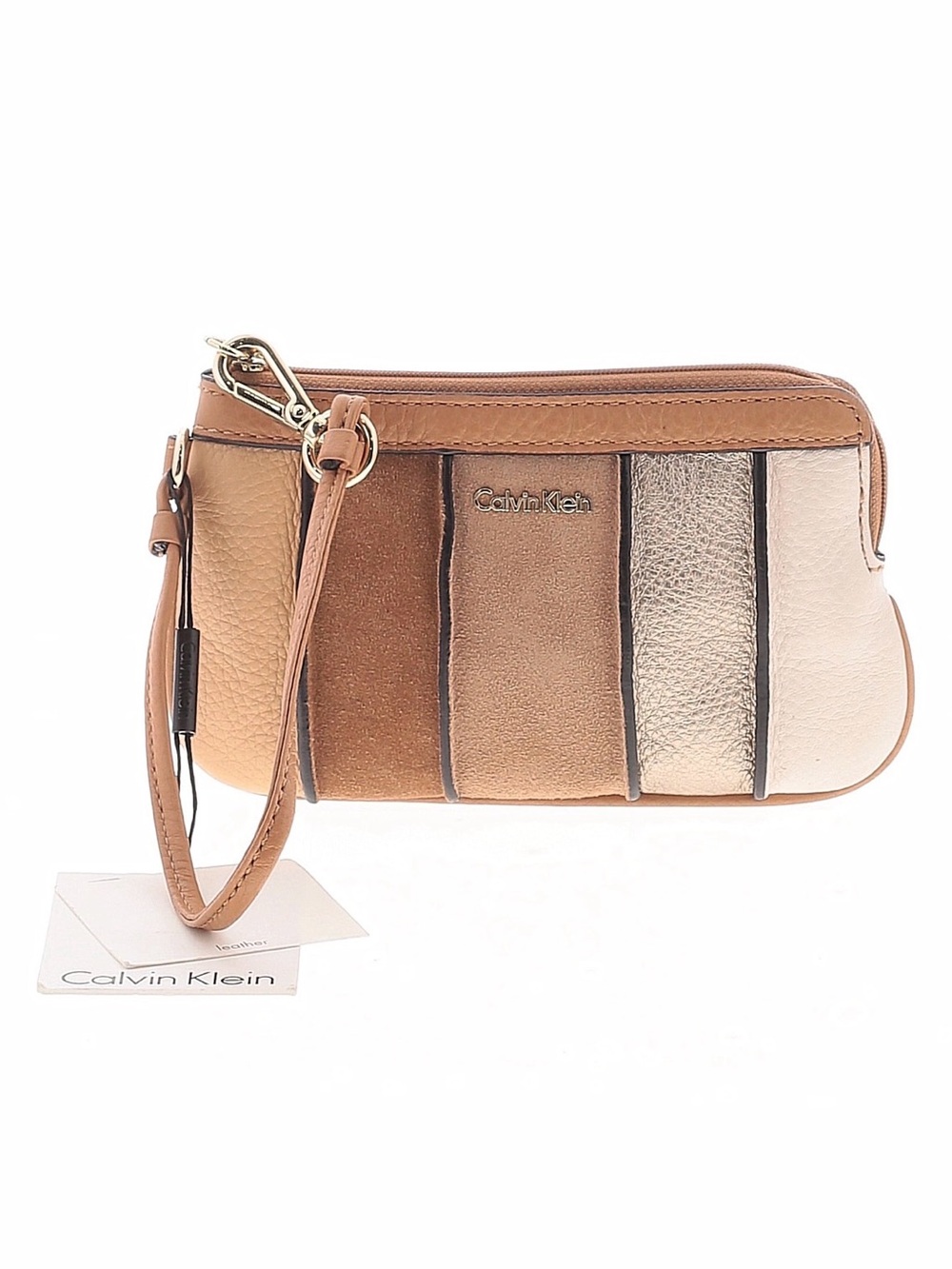 CALVIN KLEIN ~ Multi-Tone Tan and Metallic Panel Pebble & Suede Leather Wristlet